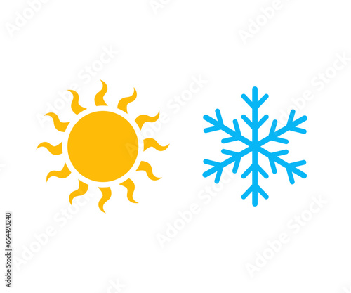 Hot sun and cold snowflake icon. Summer and winter symbol. Sun and snowflake vector icons