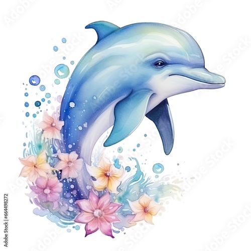 Watercolor fantasy Baby Dolphin clip art isolated white background.