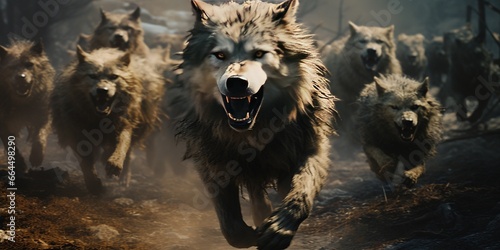 Pack of wolves running in forest photo