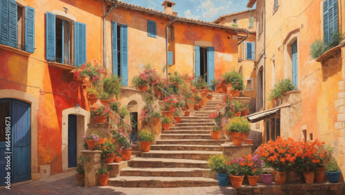 The streets of Italy or Spain are decorated with beautiful colorful flowers  in watercolours