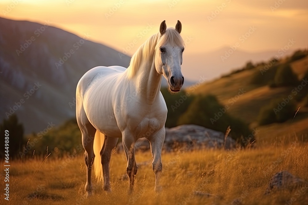 White horse or mare in the mountains at sunset. White horse or mare in the mountains at sunset.
