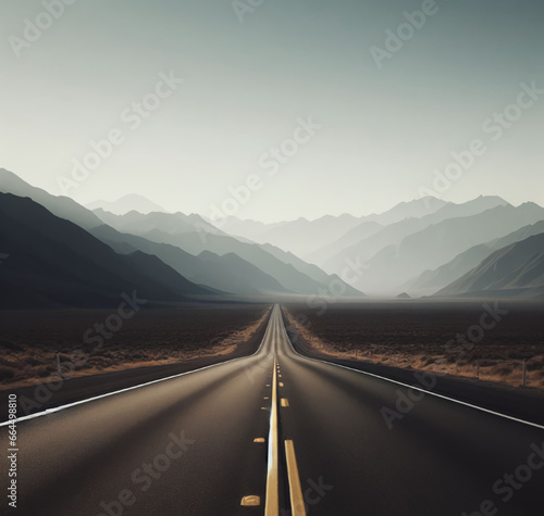 An empty road with mountains in the distance, empty road in the middle, AI generated