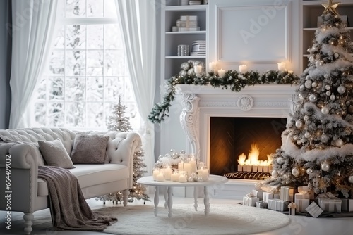 Cozy living room with fireplace on Christmas time. AI Generated. © Marcela Ruty Romero