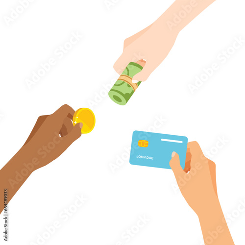 Vector hands pay in different way. Businessman hand holding money, coin, credit card. Contactless cashless payments.