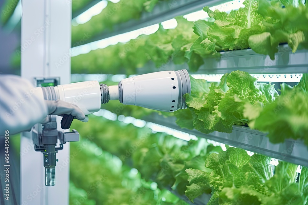 Automatic Agricultural Technology With Close-up View Of Robotic Arm Harvesting Lettuce In Vertical Hydroponic Plant. Automatic Agricultural Technology With Close-up View Of Robotic Arm Harvesting Lettuce In Vertical Hydroponic Plant.