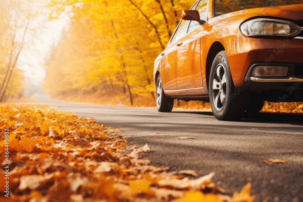 Car on asphalt road on an autumn day at the park. Car on asphalt road on an autumn day at the park.