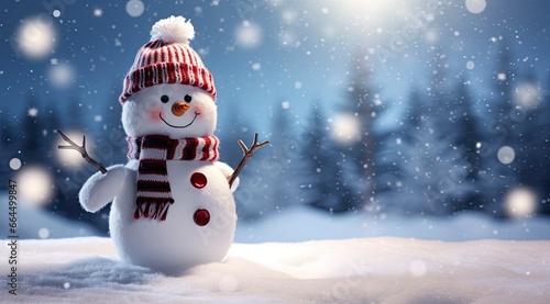 Happy snowman in the winter scenery. © MDBaki
