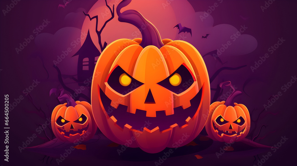 Halloween scary pumpkin vector style, candles and bats in a dark forest at night Halloween scary pumpkin vector style, candles and bats in a dark forest at night