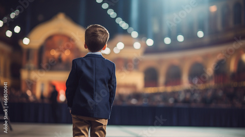 A small child speaks on a stage in front of an audience