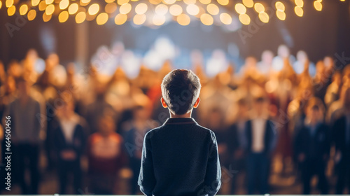 A small child speaks on a stage in front of an audience photo