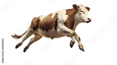 Happy cow jumping isolated on transparent background. 