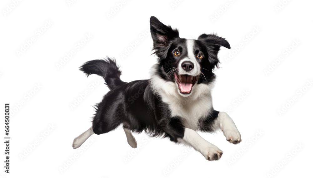 black white border collie dog isolated on transparent background cutout