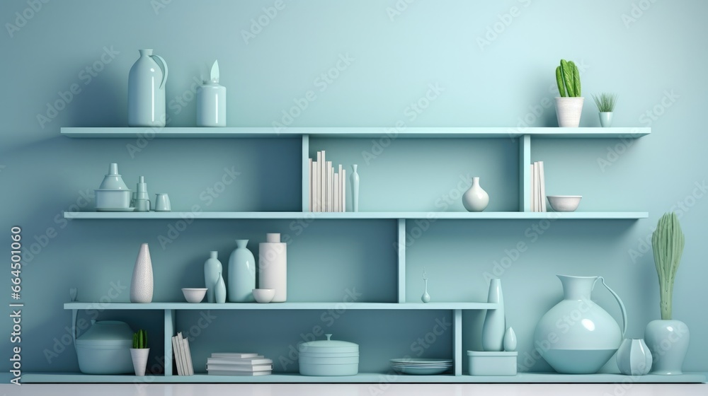 3d illustration of light blue shelves in the interior with various objects 3d illustration of light blue shelves in the interior with various objects