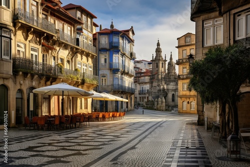 Peaceful plaza in historic downtown Porto, Portugal. Generative AI