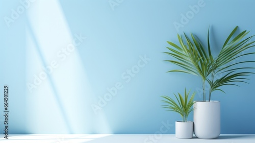A simple abstract light blue background for product presentations with complex lights and shadows from windows and plants on the walls © panu101