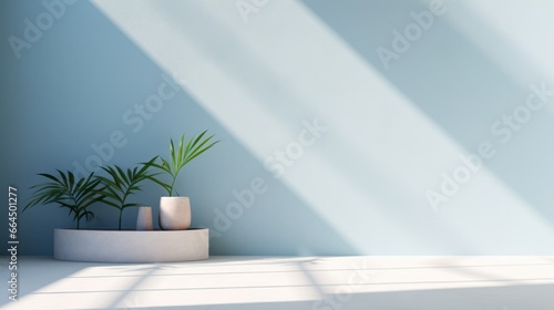 A simple abstract light sky background for product presentations with complex lights and shadows from windows and plants on the walls.