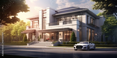 beautiful home design with two stories and car parked in front, in the style of light white and light silver, © panu101