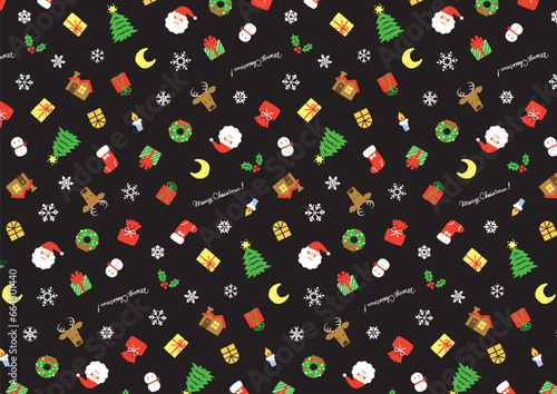 Lively and cute handwritten illustration Christmas pattern (black)　にぎやかでかわいい手書きイラストのクリスマスパターン（黒）