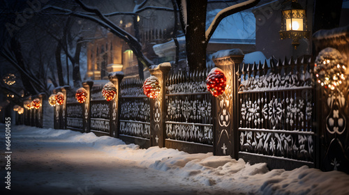 fondo mexicano nevado de la cerca de la navidad con los árboles de navidad, en el estilo de serenidad contenida, iluminación cautivadora, encantadora iluminación ascendente versión del paisaje photo