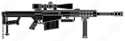 Vector illustration of the Barret M82 semi-automatic anti-materiel rifle with scope and short barrel on the white background. Black. Right side.