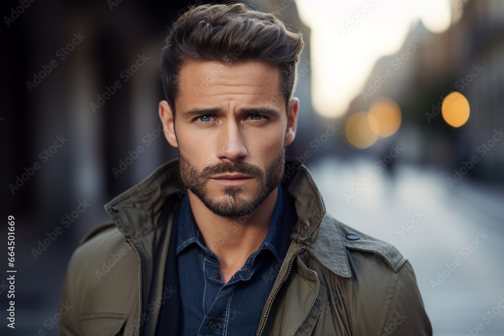 Photography of handsome nice man walking outdoors created with generative AI Photography of handsome nice man walking outdoors created with generative AI
