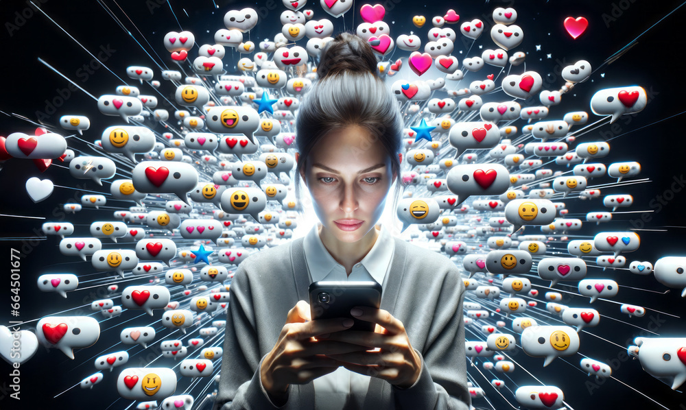 A woman staring at her phone, surrounded by reactions and emojis. Overstimulated. Social media addiction. Doomscrolling. Bored. In a trance. The attention economy. Instant gratification. FOMO. - obrazy, fototapety, plakaty 