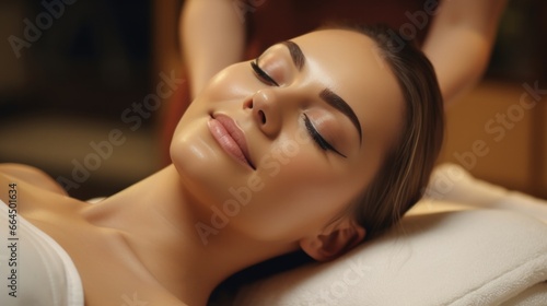 Massagist with woman patient in aroma spa wellness center. Professional face lifting massage to beautiful girl in cosmetology cabinet or beauty parlor.