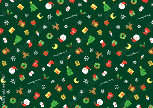 Lively and cute hand-illustrated Christmas pattern (green)にぎやかでかわいい手書きイラストのクリスマスパターン（グリーン）