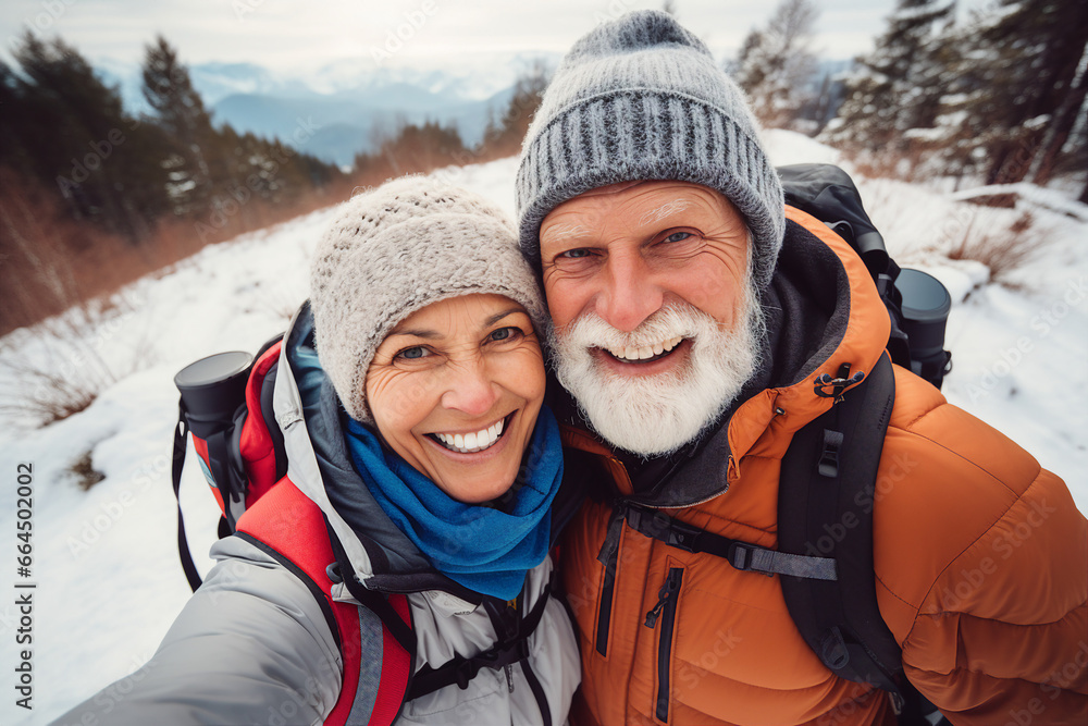 Generative AI picture of funny happy couple traveling together winter season snowy mountains Generative AI picture of funny happy couple traveling together winter season snowy mountains