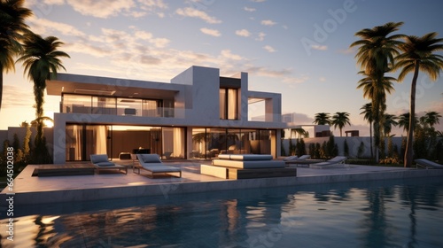 The simple  modern  cube-shaped exterior of the villa looks classy. Stunningly beautiful with a large swimming pool surrounded by palm trees.