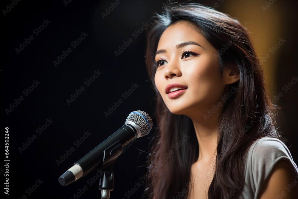 Generative ai technology portrait of talented young singer person on stage singing song using microphone Generative ai technology portrait of talented young singer person on stage singing song using microphone