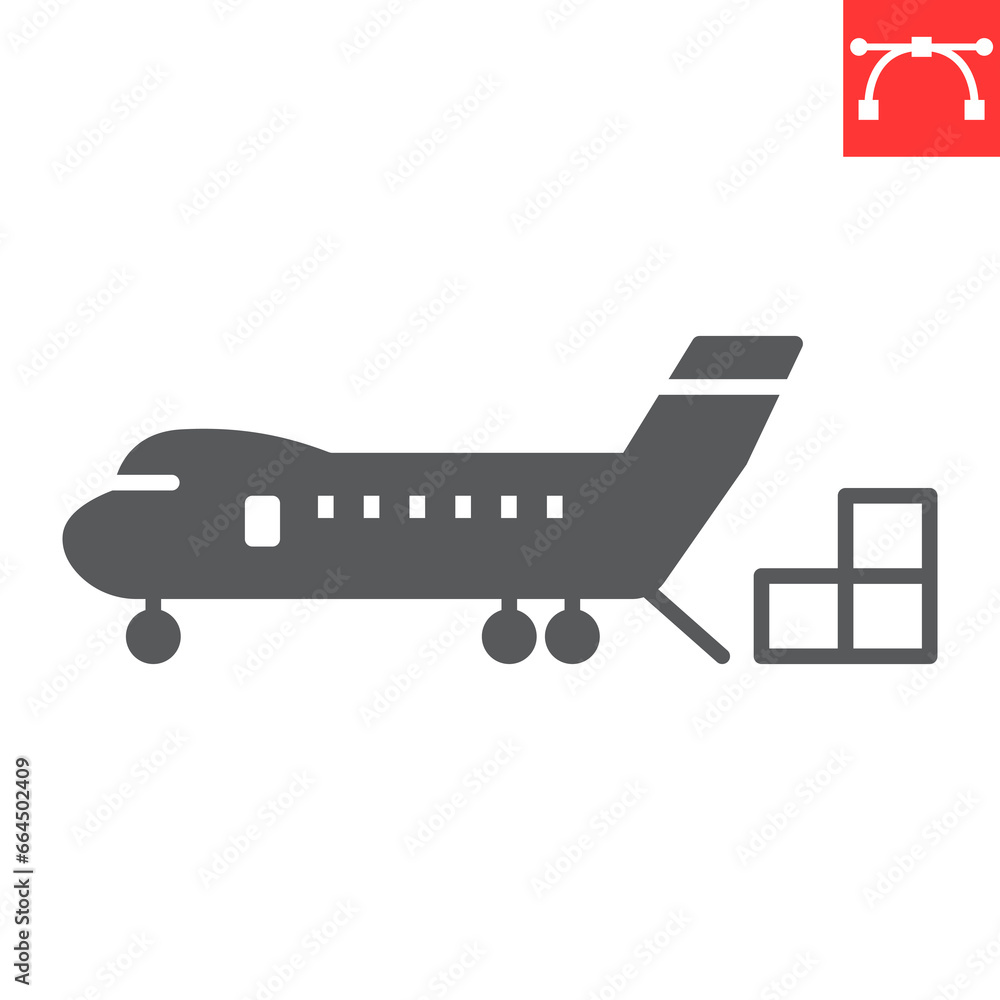 Cargo airplane glyph icon, logistic and transportation, air shipping vector icon, vector graphics, editable stroke solid sign, eps 10. Cargo airplane glyph icon, logistic and transportation, air shipping vector icon, vector graphics, editable stroke solid sign, eps 10.