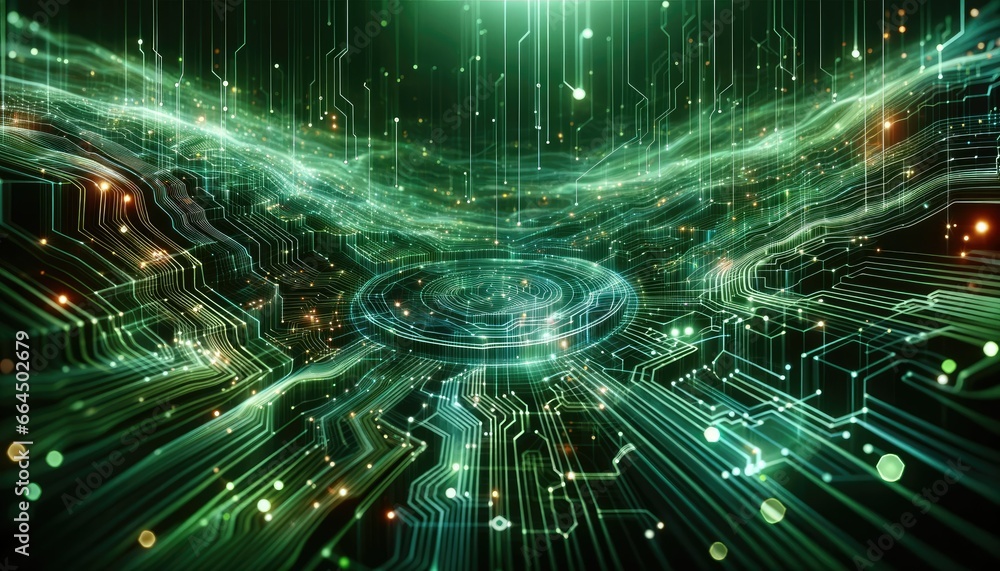 Green-toned abstract background that exudes a high-tech vibe. Neon trails, digital grids, and interconnected nodes dominate the scene, giving a sense of advanced technology. Green-toned abstract background that exudes a high-tech vibe. Neon trails, digital grids, and interconnected nodes dominate the scene, giving a sense of advanced technology.
