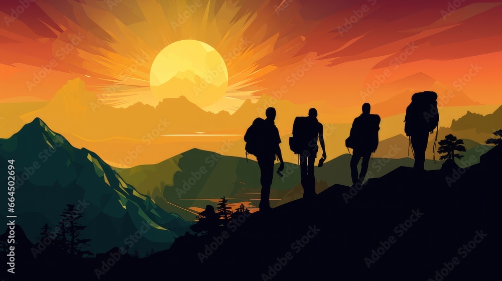 Group of peoples hiker climbing up the edge of mountain. Adventure and freedom concept.