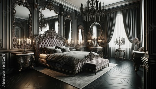 Luxurious bedroom reflecting modern gothic design. The room is dominated by deep tones, with a standout bed featuring an ornate headboard. Antique mirrors, candelabras, and intricate patterns.