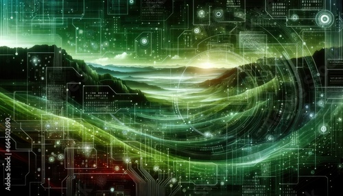 Abstract background in a rich green hue, filled with high-tech elements like holographic interfaces, binary codes, and circuitry patterns. © Tom