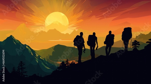 Group of peoples hiker climbing up the edge of mountain. Adventure and freedom concept.