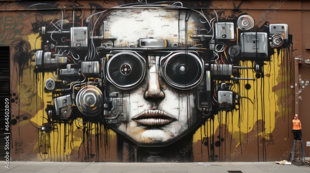 Fototapeta premium Illustration of urban street art painting on wall graffiti , robot and city