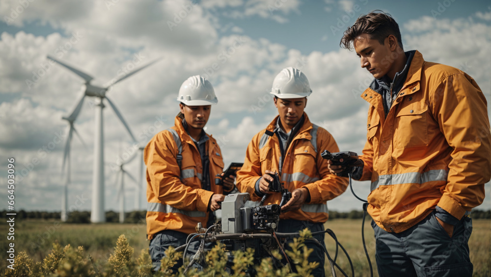 At sunset, a team of young engineers is working at a wind farm. They maintain and install new wind turbines across a vast wind farm field. Production of clean energy and green electricity At sunset, a team of young engineers is working at a wind farm. They maintain and install new wind turbines across a vast wind farm field. Production of clean energy and green electricity