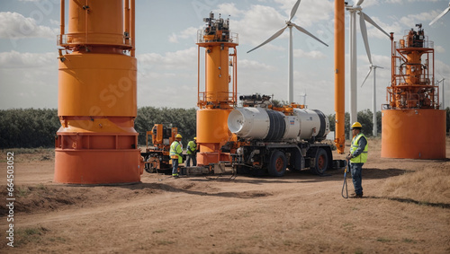 At a construction site, an engineer maintains wind turbines and inspects a renewable electricity generator. A man in a hard hat and reflective vest stands next to a wind farm
