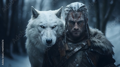 A White Wolf and a Mysterious Warrior in a Winter Forest. A Fierce Wolf and a Brave Warrior Face Off in the Snow. Generative AI