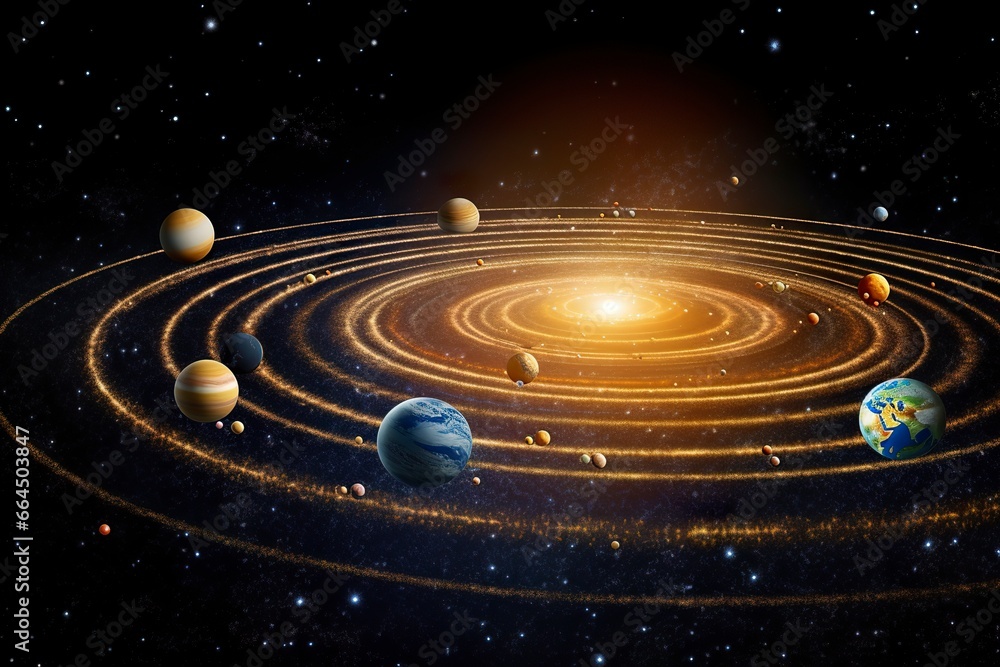 Fototapeta premium Our 3d Solar system with planets in orbits path.