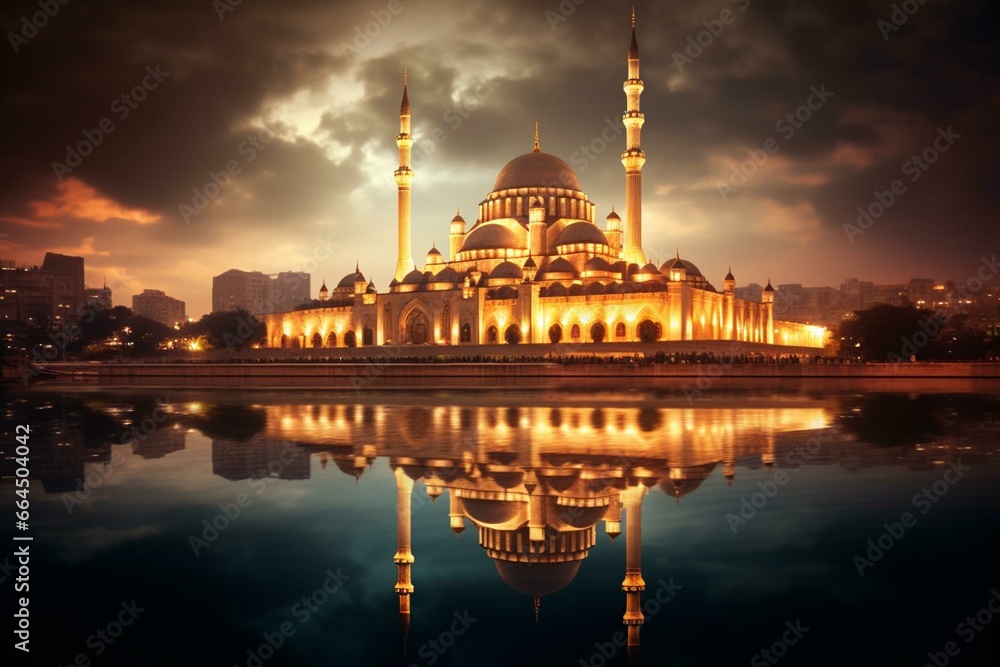 Stunning mosque at night. Generative AI