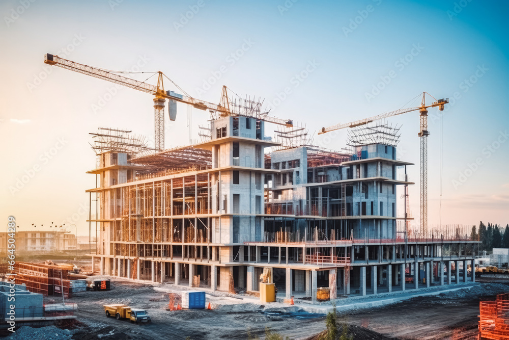Building under construction industrial development. Architecture and design of modern urban environments. Business or residential building being built - obrazy, fototapety, plakaty 