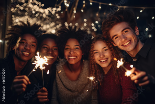 grupo multicultural de jovenes amigos de celebración nocturna sosteniendo en sus manos bengalas, sobre fondo desenfocado de fuegos artificiales photo