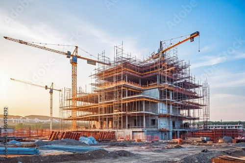 Building under construction industrial development. Architecture and design of modern urban environments. Business or residential building being built photo