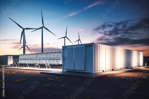 Conceptual image of a modern battery energy storage. Modern energy storage battery compartment in nature. photo