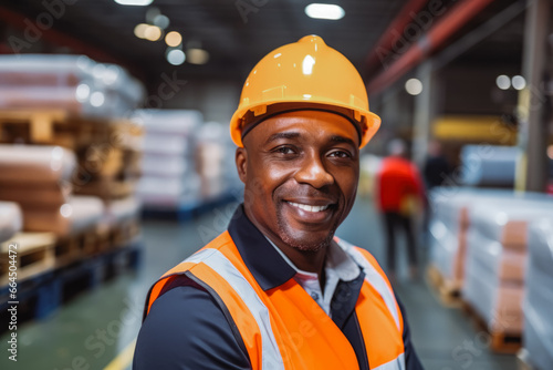 Factory black man worker standing in the factory, wearing safety helmet and reflective vest for protection. Portrait of a black man in factory. © VisualProduction