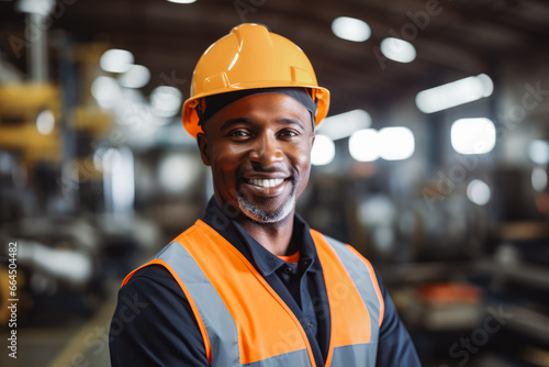 Factory black man worker standing in the factory, wearing safety helmet and reflective vest for protection. Portrait of a black man in factory.