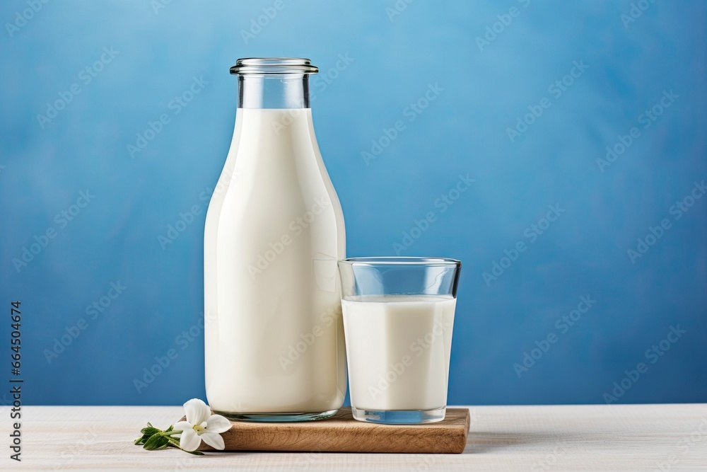 A bottle of milk and a glass of milk on a wooden table on a blue background. A bottle of milk and a glass of milk on a wooden table on a blue background.